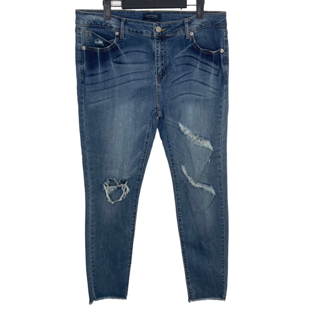 Just USA Distressed Skinny Jeans Blue Medium Wash Raw Hem Size 32 AB703